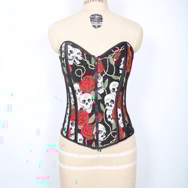 Black, Red & White Skull Corset Bustier with Roses 80s 90s Y2K Grunge Hip Hop Steampunk Streetwear Festival Concert Coachella 