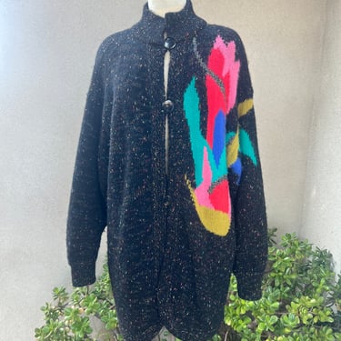 Vintage 80s New Wave cardigan sweater black wool with colorful design Sz Large 48 by Garbo 