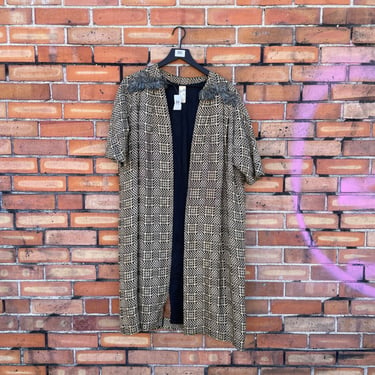 vintage 60s beige black houndstooth shag trim short sleeve opera coat / m l medium large 