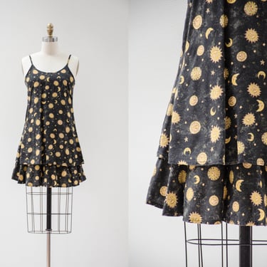black mini dress | 90s y2k vintage black sun moon stars celestial tiered spaghetti strap short dress 
