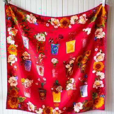 Vintage Gucci Red Flower Vases Silk Scarf