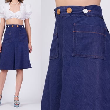 70s Boho Denim Pocket Wrap Skirt - Medium, 28" | Vintage High Waisted A Line Midi 