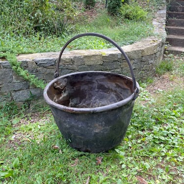 19th Century Antique Copper Cauldron Apple Butter Pot EXTRA LARGE Iron handle Planter Firewood Bucket Fireplace Decor 
