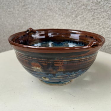 Vintage Studio art pottery small colander bowl blue brown signed 