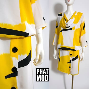 Rad Vintage 80s Yellow Black White Abstract Brushstrokes Pop Art Dress 