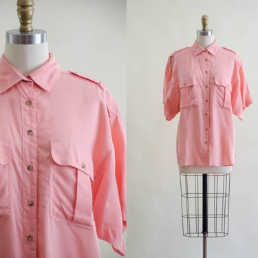 pink utility blouse | 80s vintage Outback Red rose pink safari shirt 