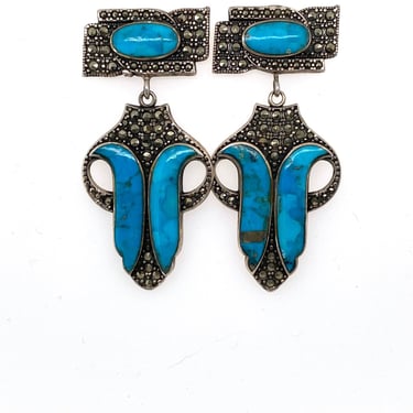 Vintage Artisan Turquoise Marcasite Sterling Silver Pierced Earrings Signed WF 