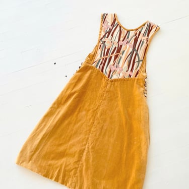 1970s Floral Print Silk + Velveteen Trapunto Pinafore Dress 