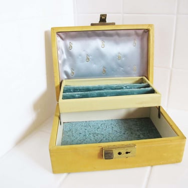 60s Yellow Blue Small Jewelry Box - Velvet Lined Rectangle Jewelry Box - MCM Retro Jewelry Case - Trinket Organizer - Retro Gift 