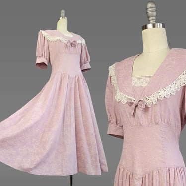 Gunne Sax Dress / 1980s Gunne Sax / Pink Gunne Sax Dress with Collar and Basque Waist / Gunne Sax Victorian Style Dress / Size Small Medium 