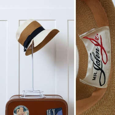 designer vintage Mr. John straw bucket hat • color block light ivory & brown stylish wide brim hat 