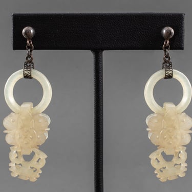 Chinese Carved White Jade Silver Earrings