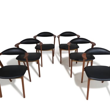 Erik Kirkegaard Danish Teak Dining Chairs in Black Leather, Six (6)