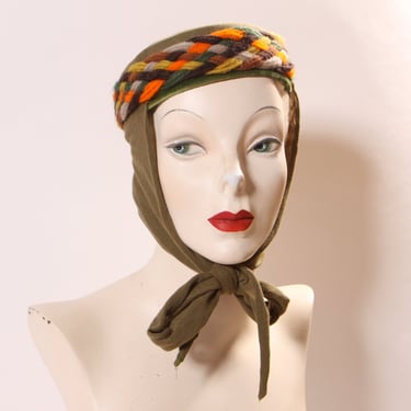 1950s 1960s Pea Green and Orange Woven Felt Pillbox with Attached Scarf Hat 