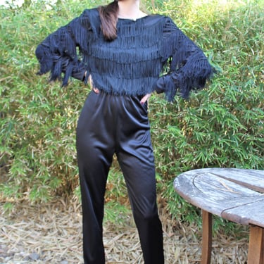 Vintage 1980s Joy Stevens California Jumpsuit, Small, Black Stretch Polyester, Fringe Top 