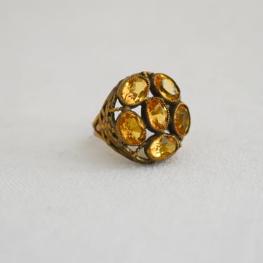 1930s Brass and Golden Yellow Glass Stone Ring 