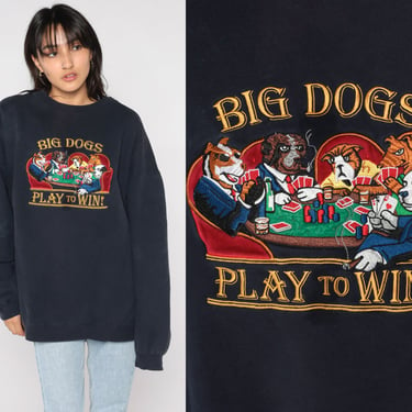 Big Dogs Sweatshirt Y2K Poker Dogs Play to Win Shirt Retro Dog Animal Graphic Sweater Pullover Crewneck Navy Blue Cards Vintage 00s 3xl xxxl 