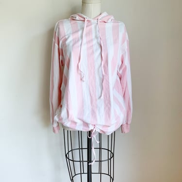 Vintage 1980s Pink & White Striped Hooded T-shirt / S-M 
