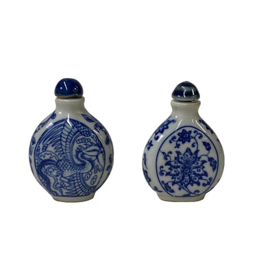 2 x Chinese Porcelain Snuff Bottle Blue White Flower Phoenix Graphic ws2458E 