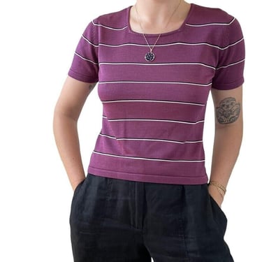 Vintage 1990s Womens 100% Silk Burgundy Striped Preppy Academia Square Neck Tee Shirt Sz M 