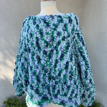 Vintage chunky hand knit short pullover sweater oversized green blue tones Sz L/XL 