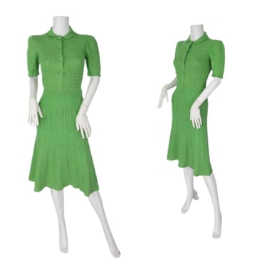 1940's/50's Pistachio Green Ribbed Knit Sweater Dress Metallic Gold Thread I Sz Sm/Med 