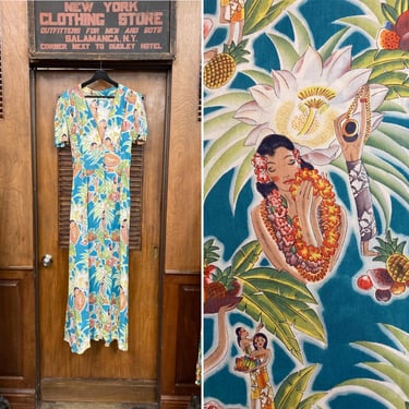 Vintage 1940’s Mcintosh Hula Maiden Silky Rayon Hawaiian Dress, Rayon Dress, Vintage Hawaiian, Tiki Dress, Hostess Dress, Tropical Dress 