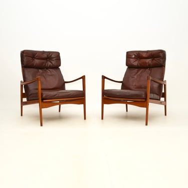 Pair of Danish Design Leather and Teak Armchairs by IB Kofod Larsen