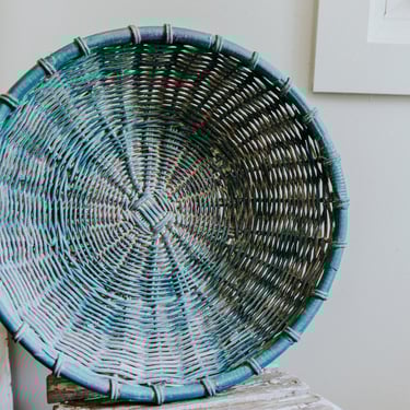 LARGE Vintage Blue Wicker Round Basket | Thick and Chunky Vintage Blue Basket | Woven Wicker Round Blue Painted Basket 