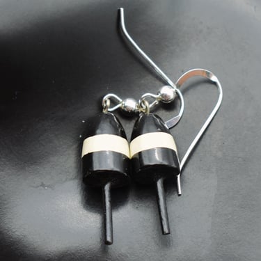 60's painted wood 925 silver buoy dangles, mid-century sterling black & white nautical earrings 