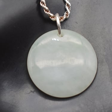 80's jadeite sterling minimalist pendant, round icy green jade disc PR EX 925 silver Italy rope chain nekclace 