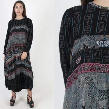 90s Egyptian Pharaoh Dress, Ethnic Grunge Tribal Outfit, Animal Print Gauze Caftan Maxi Dress Large 