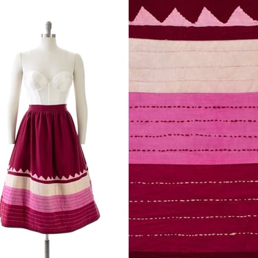 Vintage 1970s Skirt | 70s Hand-Quilted Striped Geometric Appliqué Cotton Burgundy Raspberry Pink Border Print Full Swing Skirt (medium) 