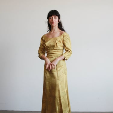 1950s Yellow Gold Damask Silk Dress 