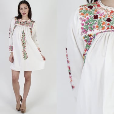 Long Sleeve White Cotton Oaxacan Dress / Womens Hand Embroidered Traditional Ethnic Dress / Made In Mexico Mini Dress 