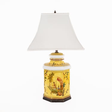 Hand Painted Mid Century Oriental Yellow Table Lamp - mcm 