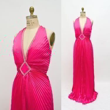 90s Vintage Pleated Halter Neck Gown Dress Pink Lillie Rubin Pleated halter dress Wedding Marilyn Monroe Barbie Dress Pink Magenta Dress 