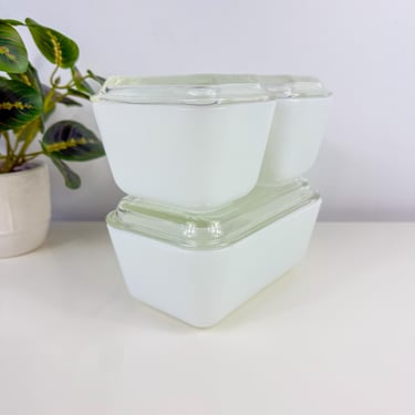 Vintage Pyrex White Opal Refrigerator Dish Set of 3, Rectangular white 502 and 501 (qty 2), unmarked Pyrex White Plain Milk Glass, Grandma 