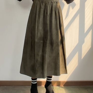 Olive Suede Midi Skirt (M)