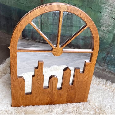 1970s Vintage Original Postmodern Cityscape Mirror in Oak 