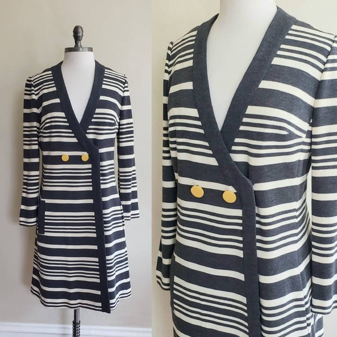 1960s Mod Day Dress Gray White Stripe Domani Knits / 60s Long Sleeved Dress V Neck Wrap Style Wool / M or L / Vagues 