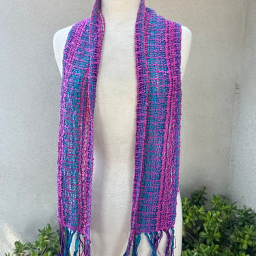 Vintage boho hand woven knit scarf cotton pink purple blue tones Size 56” x 6” 