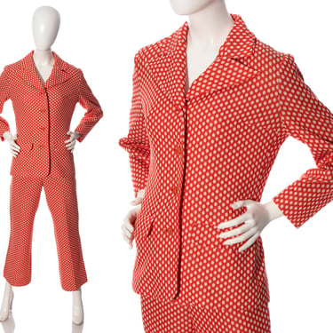Vintage 1970s Pant Suit | 70s Red Polka Dot Double Knit Polyester Blazer Jacket High Waisted Wide Leg Pants Two Piece Set (small/medium) 