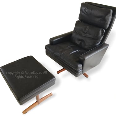 Danish Modern Black Leather High Back Lounge Chair + Ottoman By Fredrik A. Kayser for Vante Mobler of Scandinavia MCM Mid Century 