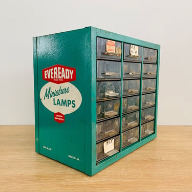 Vintage 18 Drawer Metal Green Eveready Miniature Lamps Parts Organizer Tool Box Parts Cabinet Vintage Advertising 
