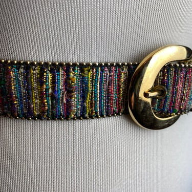 Vintage colorful striped skinny belt~ women’s trouser belt~ metallic textile colorful textured silver beading size M/L 