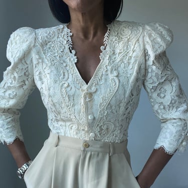vintage romantic ornate lace puff sleeve jacket blouse 
