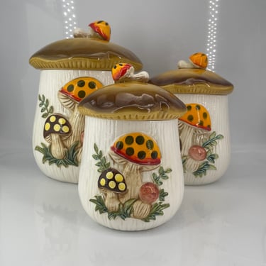 Vintage 1980s Mushroom Spice Cookie Cannister Jars 