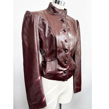70's Brown Red Leather Fitted Jacket Womens Vintage Blazer Jacket Short Boho Hippie 1970's, 1980's Disco 