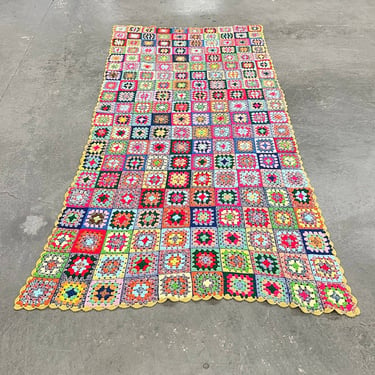 Vintage Afghan Blanket 1980s Retro Size 118X58 + Extra Long + Handmade + Crochet + Wool + Patchwork + Multi Color Print + Throws and Bedding 